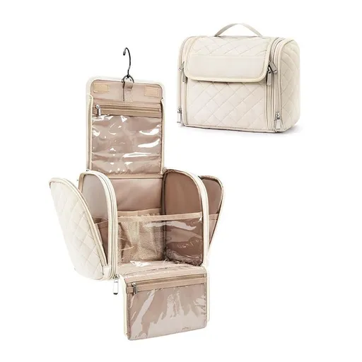 Large Hanging Travel Toiletry Bag with Hook, Waterproof Cosmetic Organizer for Brushes, Sponges and Toiletries, Portable Makeup Storage Case for Home and Trip (Beige)