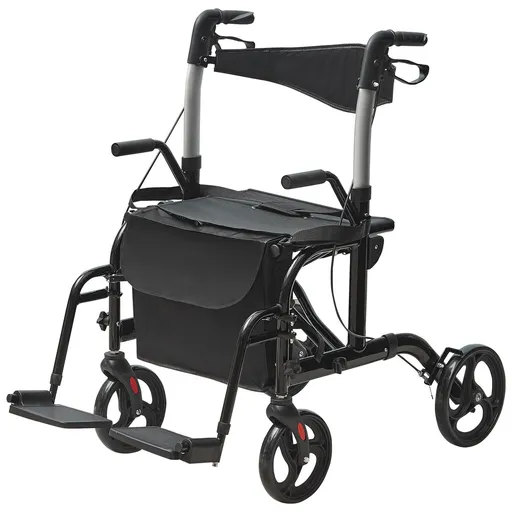2 in 1 Rollator Walker & Transport Chair for Seniors, Folding Rolling Walker Wheelchair Combo & Footrests, Lightweight Aluminum Mobility Walker with Adjustable Handle, All Terrain Wheels, 136KG