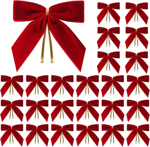 24 Pcs Red Small Velvet Christmas Bows for Christmas Tree, Wreath, Gift Wrapping, Crafts, Wedding, Party, Twist Tie Bows for Treat Bag Bakery Candy Bags, Home Decor 1" W,3.5 x 3.5 inch