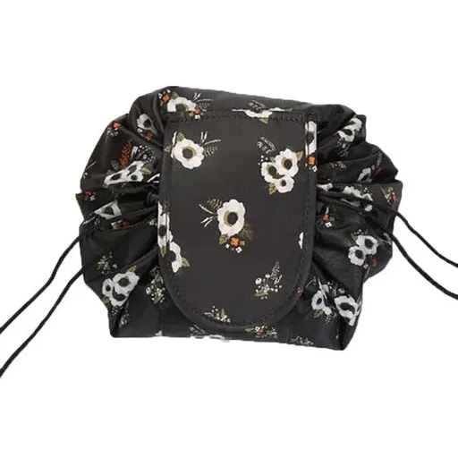 Portable Travel Makeup Bag Drawstring Cosmetic Pouch Lazy Storage Organiser Case - Black Flower
