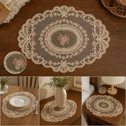Vintage Mesh Embroidered Mat 29x38cm Apricot, Multi-Scene Bedside Cushion, Classic Desktop Decor
