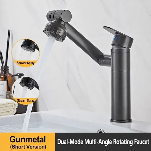 Mechanical Arm Basin Faucet 20cm Extended 360° Swivel Dual Spray Mode Anti-Splash Hot Cold Mixer Tap Gun Gray