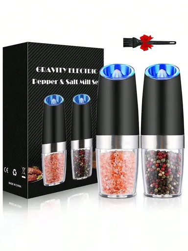 1pcs Gravity Electric Salt Pepper Grinder Set LED Lights Battery Powered One Hand Operation Adjustable Thickness Grinding Shaker Kitchen Gadgets Accessories