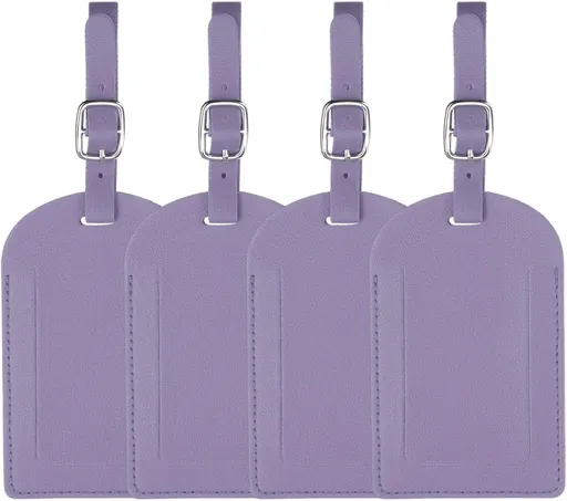 4Pcs Luggage Tags, Colored Labels PU Leather Suitcase Tag with Stainless Steel Loop Privacy Cover Name ID Address Card for Baggage Bag Backpacks Handbag, Purple -