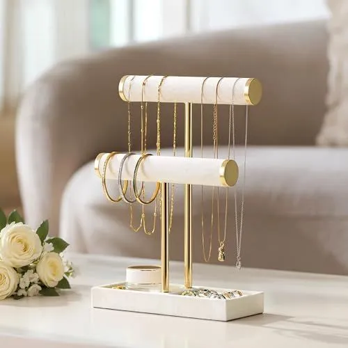 2 Tier Bracelet Holder Display, Necklace Holder Organizer, Velvet Necklace Holder | Jewelry Tree | Jewelry Towers | Jewelry Stand Organizer for Necklaces, Bracelets, Earrings, Rings - Beige - Size 2 Tier