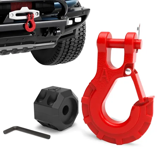 Winch Hook 3/8" - Clevis Slip Hook with Safety Latch & Winch Cable Hook Stopper, Grade 70 Forged Steel Max 37478Lbs Work for Winch Rope, ATV, UTV, Off Road Vehicle, Red