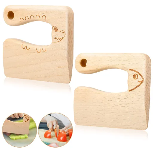 2 Pieces Wooden Kids Knife for Cooking, Children's Safe Knives Wooden Kids Knife for Cooking and Cutting Veggies Fruits