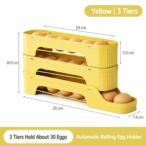 3-Tier Yellow Rolling Egg Storage Box - Grade PP Plastic - Automatic Dispensing, Space Saving Fridge Organizer, Detachable Design for Kitchen and Refrigerator Door
