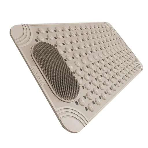 Non-Slip Bath Mat with Foot Scrubber – 70 x 36 cm, Anti-Skid Suction Cups & Drain Holes, Waterproof Shower Floor Pad with Exfoliating Brush(Grey)