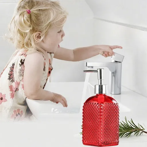 Glass Hand Soap Dispenser Bottle | Red Refillable Bathroom Lotion Container | 300ml Household Liquid Soap Pump | 7.68x2.95x2.95 Inch Elegant Glass Bottle for Shampoo & Body Wash