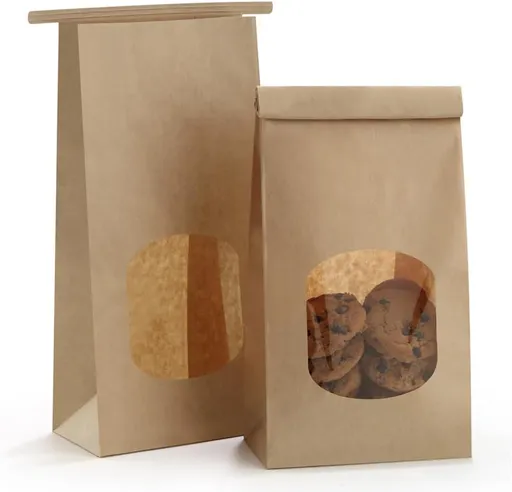 Bakery Bags with Window 100pcs 4.5x2.36x9.6 Inches Window Tin Tie Tab Lock Kraft Brown Paper Bags for Coffee Bean, Cookies, Treat, Snack