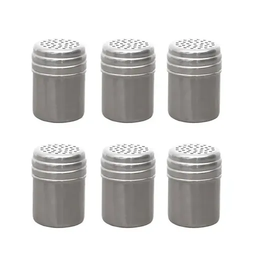 6 Pack Metal Spice Shaker Jars with Dustproof Lids for Pepper, Sugar and Seasonings, Kitchen and Outdoor Grill Use, Silver, 5 x 5 x 7 cm
