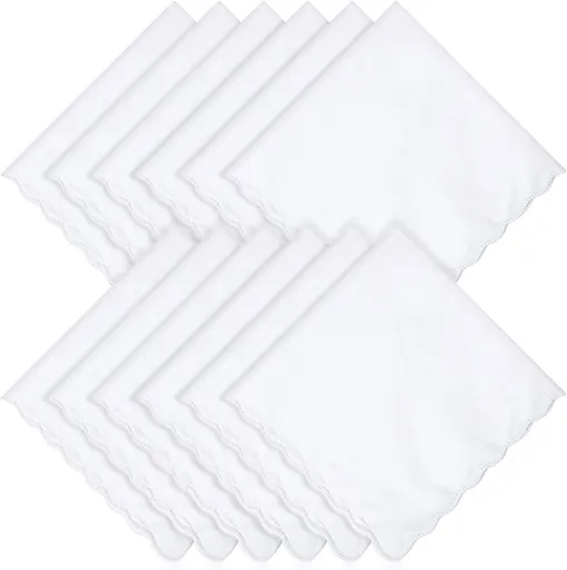 12 Pcs White Handkerchiefs for Women, Premium Polyester Soft Scalloped Edge Ladies Handkerchiefs Hankies, Small Pocket Squares Handkerchief for Wedding Party Gift Embroidery (11 x 11 Inch)