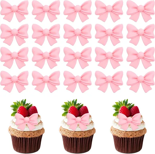 20 Pcs Pink Bow Cupcake Decorations, Resin Bowknot Cake Toppers Birthday Engagement Theme Party Decoration for DIY Art Crafts, Wedding, Baby Shower, Party