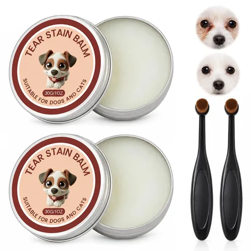 2 Pcs Tear Stain Remover Balm for Dogs & Cats with Pro Powder Brush, Gently Removes Eye Gunk & Stains – Great for White Dogs, Daily Eye Cleaning, Mild Formula