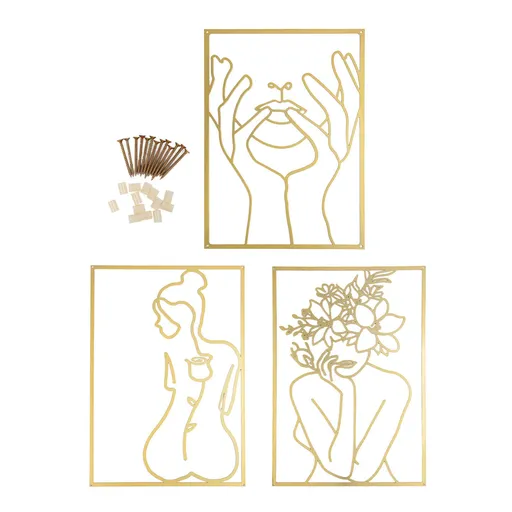 Single Line Art Wall Decor Iron Minimalist Female Line Drawing Home Hanging Wall Decor for Bedroom Kitchen Bathroom Living Room Gold 3PCS