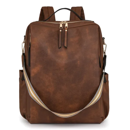 Coffee Women's Vintage PU Leather Anti-Theft Backpack - Convertible Shoulder Bag & Laptop Rucksack for Travel & Daily Use