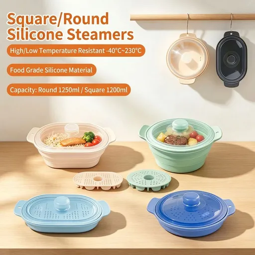 Foldable Food-Grade Silicone Steamer Pot with Lid and Steamer Rack – Space-Saving Collapsible Cookware for Microwave, Air Fryer, Camping, and Outdoor Meals, Available in Round and Rectangular Sizes (Round Style, Blue)