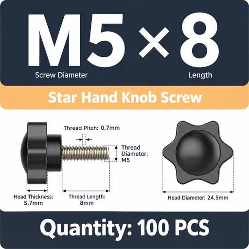 Black Six-Lobe Star Shaped Thumb Screws with Metal Threaded Stud, Tool-Free Hand Tightening Fastener for Machinery, Furniture, Marine and Industrial Assembly (M5×8(100PCS ))