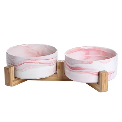 Ceramic Round Pet Feeder, 14OZ Dog Cat Bowl with Wood Stand, Durable Modern Cute Weighted Food Water Set, Double Bowls Design