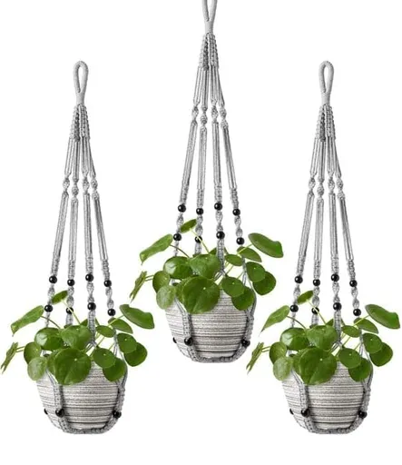3 pcs Bohemian Plant Hanger for Indoor Plants with Braided Rope Beads and Lace Decoration, 35 Inch, Gray