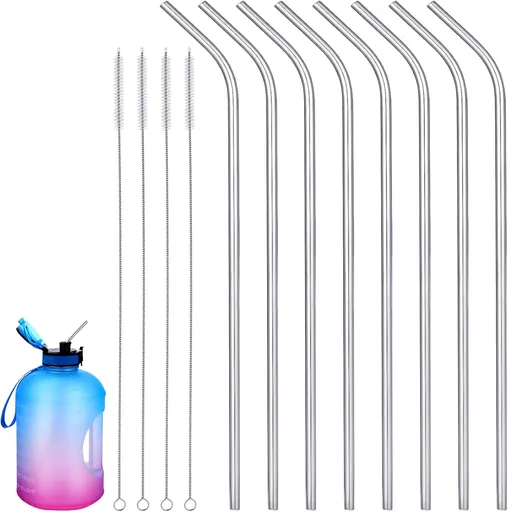 8 Pieces 14 Inch Reusable Stainless Steel Straws Long Drinking Straws for 100 oz Tumblers, Extra with 4 Pieces Cleaning Brush(Silver)