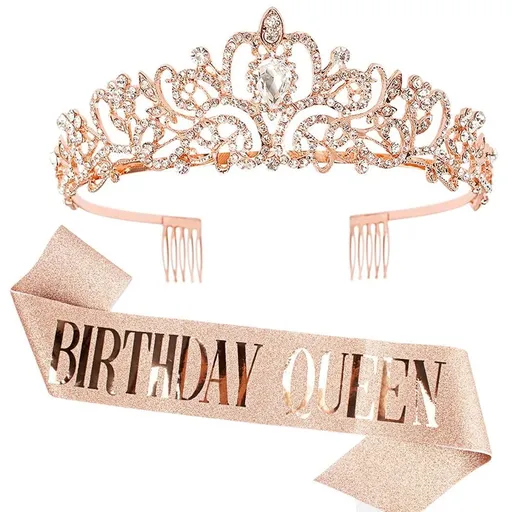 "Birthday Queen" Sash & Rhinestone Set Rose Gold Birthday Sash and for Women Birthday Decoration Kit Rhinestone Headband for Girl Glitter Crystal Hair Accessories for Party