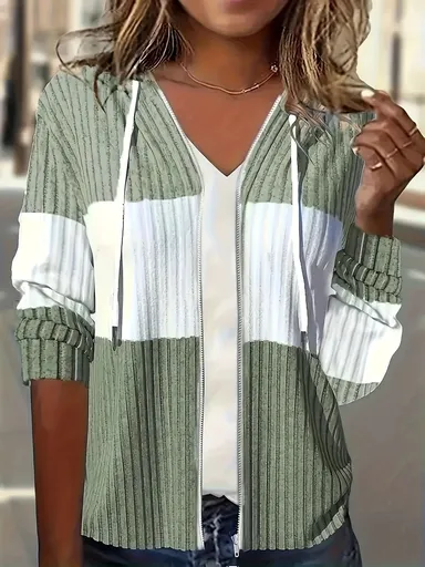 Women'S Hooded Jacket Two-Tone Jacket Drawstring Jacket Casual Jacket Australia - Green - Size M(AU M/EU48)