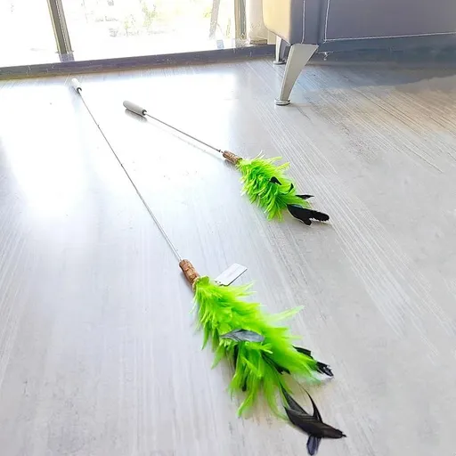CHIYOOSU Cat Teaser Wand with Feather Bell Chicken tail flower extended pole three sections telescopic green