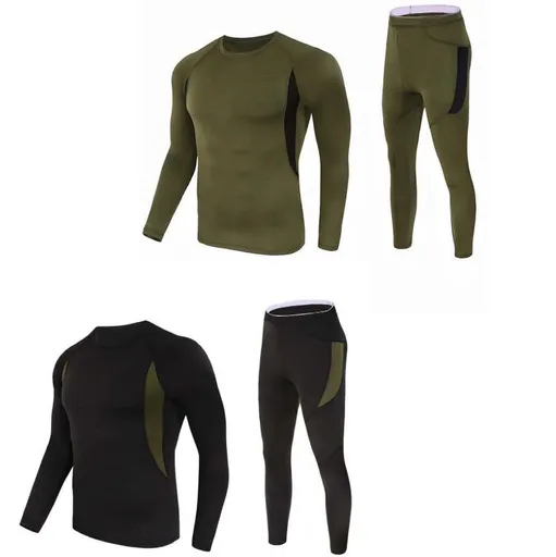 2-Pack XL Size Men's Tactical 4-Way Stretch Fleece Lined Thermal Underwear Set(Black + Green) - Winter Sweat-Wicking & Breathable Sportswear for Training & Outdoors