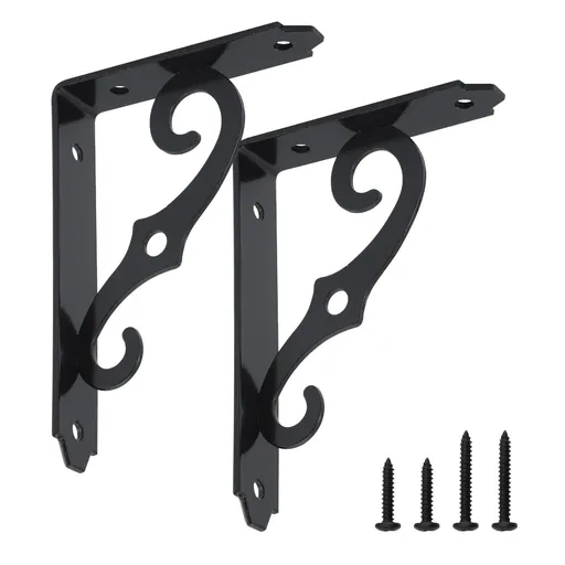 Decorative Shelf Brackets Wall Mounted Floating Shelf Bracket L Heavy Duty Support Corner Brace Joint Right Angle Black 2 Pcs