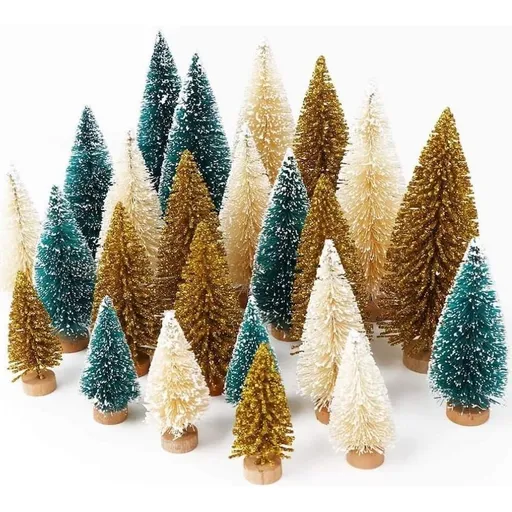 24PCS Mini Christmas Trees Bottle Brush Trees with Wood Base, Christmas Village Trees for Tabletop Christmas Decor Holiday Winter Decorations