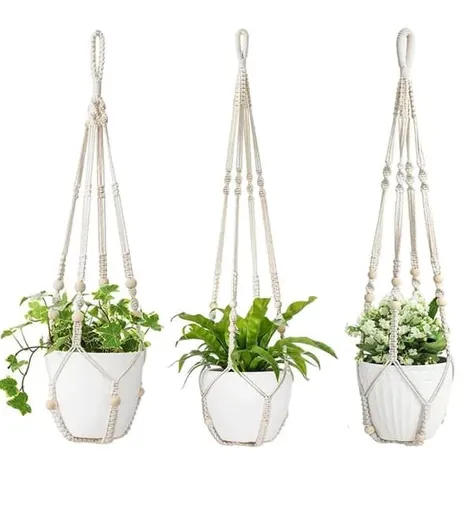 3 pcs Bohemian Plant Hanger for Indoor Plants with Braided Rope Beads and Lace Decoration, 35 Inch, White