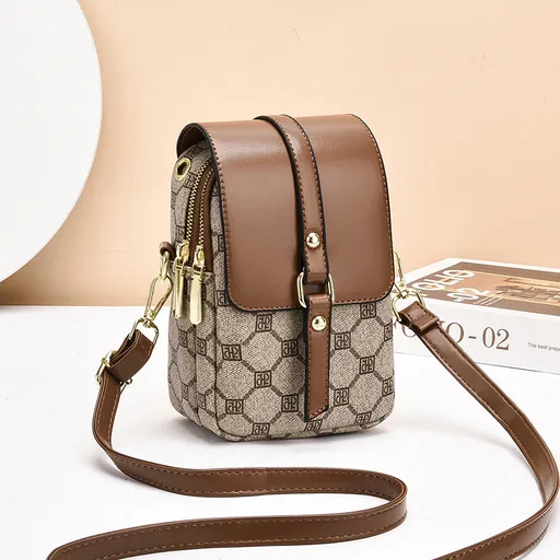 Brown Chic Round Mini Crossbody Phone Purse - PU Leather Vertical Shoulder Bag with Headphone Port