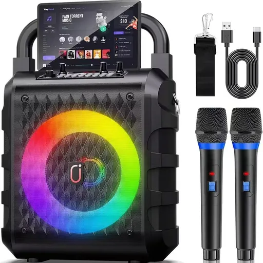 20W Portable Karaoke Speaker Dual Wireless Microphones Black