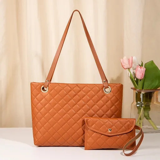 Elegant Quilted Tote Bag with Matching Clutch in Brown