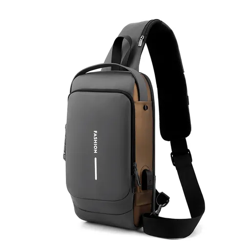 Grey and Brown Men's Anti-Theft Crossbody Sling Bag with USB Charging Port & Combination Lock