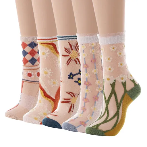 Sock Flower See Through Socks Lace Sheer Ankle Socks Mesh Transparent Socks Short Silk Stockings for Women and Girls(5 Pairs)