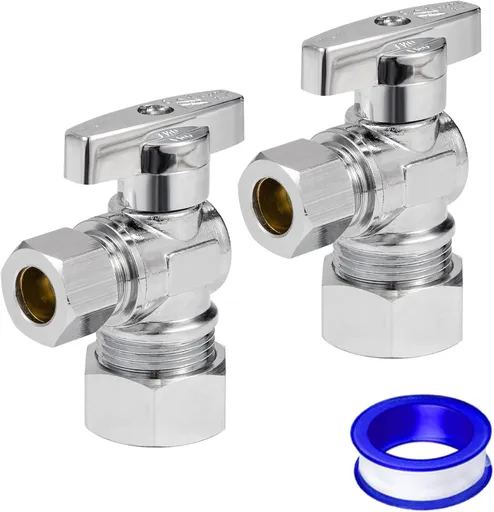 Heavy Duty Angle Stop Valve 1/2" Nom (5/8" OD) Comp x 3/8" OD Comp, 1/4-Turn Operation，High quality lead-free brass (2PCS)