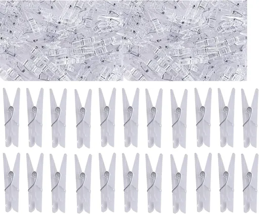 Yansanido 100pcs Mini Clear Plastic Utility Paper Clip, Clothespins Clips, Clothes Line String Clips, mini Clothes Pins for Photo for String Fairy Lights Color Clear(100pcs Clear Plastic Clips)