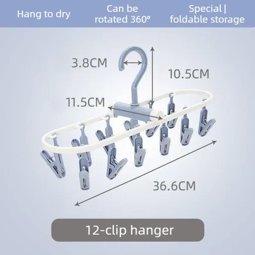 Folding Clothes Hanger with 12 Clips, Foldable Multi-clip Hanger, Underwear and Socks Drying Rack—Blue