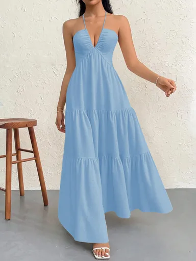 Blue M Size Women's Elegant Halter Maxi Dress Summer Backless V-Neck Sleeveless Long Beach Resort Gown