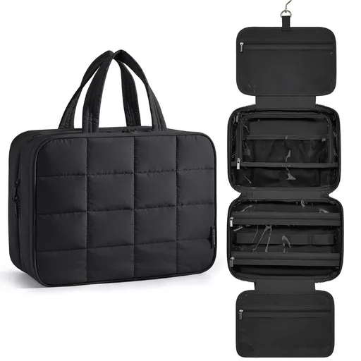 Large Capacity Hanging Travel Toiletry Bag with Jewelry Organizer, Multi-Layer Cosmetic Makeup Storage Case, Portable Nylon Toiletry Organizer for Home and Travel Use (L, Black)