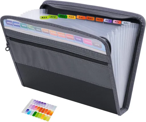 Project Folder - A4 - Foldable File Folder with Tabs - 13 Compartments - Storage Folder/Sorting Folder - Compartment Folder - Durable Plastic Document Folder - Writing Folder with Zipper - Conference Folder - Work Folder - Document Folder - Black - P