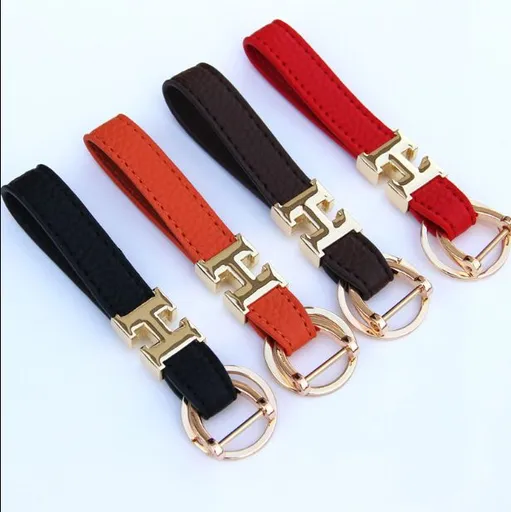 Dazzling Letter Keychain Leather Braided Car Keyring H letter gold head buckle: red