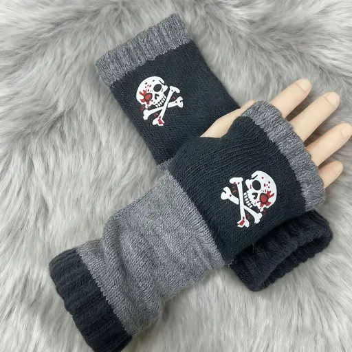 Cozy Spliced Knit Half Finger Gloves Stylish Hand Palm Protection Work Partner 2 Pcs Skull Cyan Pattern for Christmas Gifting