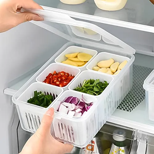 Stackable Food Storage Container with Lid and Handle for Fridge and Freezer, Large Kitchen Organiser for Meat and, 6 Compartments, White