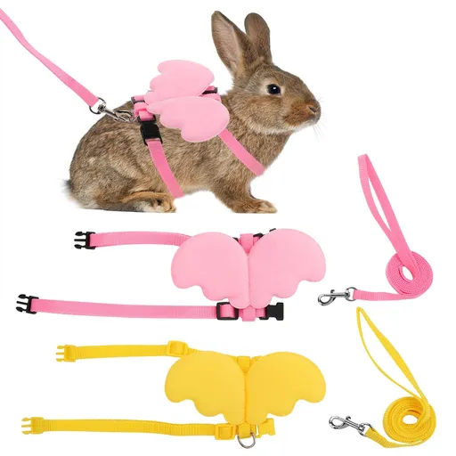 2Pcs Rabbit Harness and Leash, Adjustable Bunny Harness, Kitten Vest Harness and Leash Set, Cute Wings Pet Harness (Yellow+Pink)