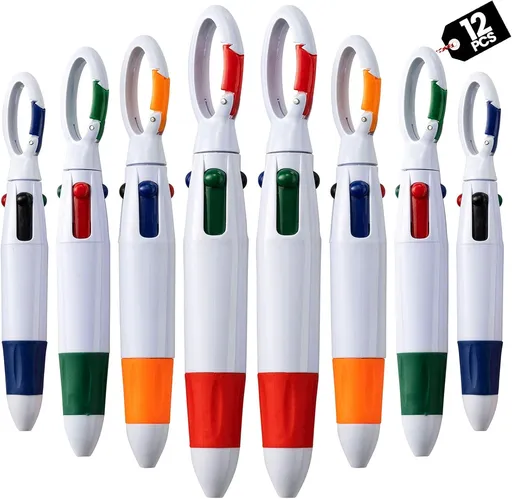 Retractable Shuttle Pens with Carabiner Clip - Pack of 12 Bulk Mini 4-in-1 Multi-Colored Ink Ballpoint Pens with Keychain for Adults, Kids, Nurses, School, Stocking Stuffer Gifts, Party Favors