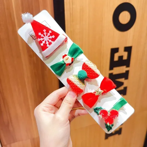Artistic Christmas Side Hair Clip Collection, Festive Hair Accessories, Santa Hat 5 Pack Card Package